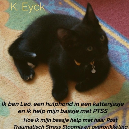 Afbeeldingen van Ik ben Leo, een hulphond in een kattenjasje en ik help mijn baasje met PTSS