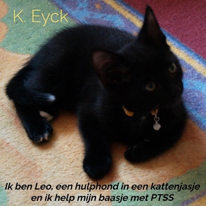 Afbeeldingen van Ik ben Leo, een hulphond in een kattenjasje en ik help mijn baasje met PTSS