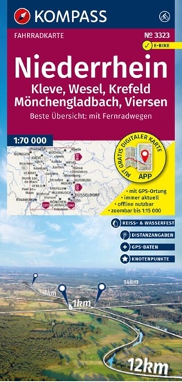 Afbeelding van Kompass Fahrradkarten KOMPASS Fahrradkarte 3323 Niederrhein, Kleve, Wesel, Krefeld, Mönchengladbach, Viersen mit Knotenpunkten 1:70.000