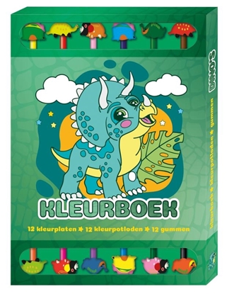 Afbeeldingen van Kleurboek Box met 12 potloden en gummen - Dino's