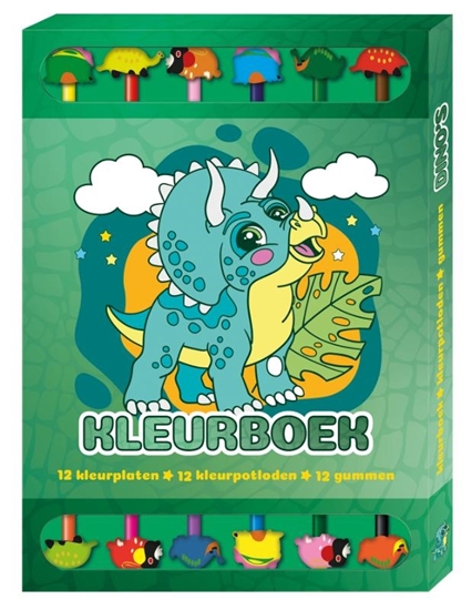 Afbeelding van Kleurboek Box met 12 potloden en gummen - Dino's